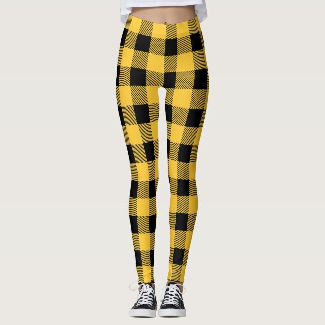 Legging Xadrez de Buffalo Rústico Preto e Amarelo Moderno (Frente)