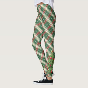 Legging Xadrez de Natal Branco, Verde com Árvore