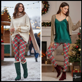 Legging Xadrez de Natal Diagonal Vermelho Verde Tartan