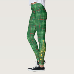 Legging Xadrez de Natal Verde com Árvore