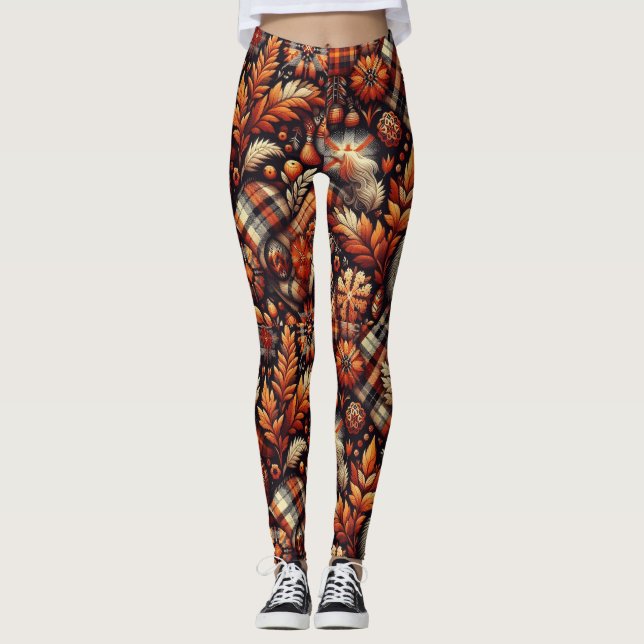 Legging Xadrez de outono deixa bege preto laranja (Frente)