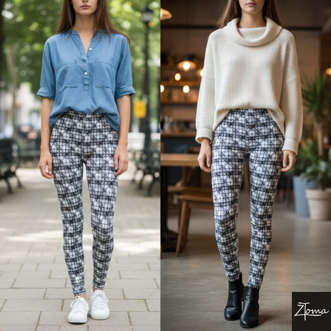 Legging Xadrez Diagonal Monocromático Cinza Tecido Fino (Criador carregado)
