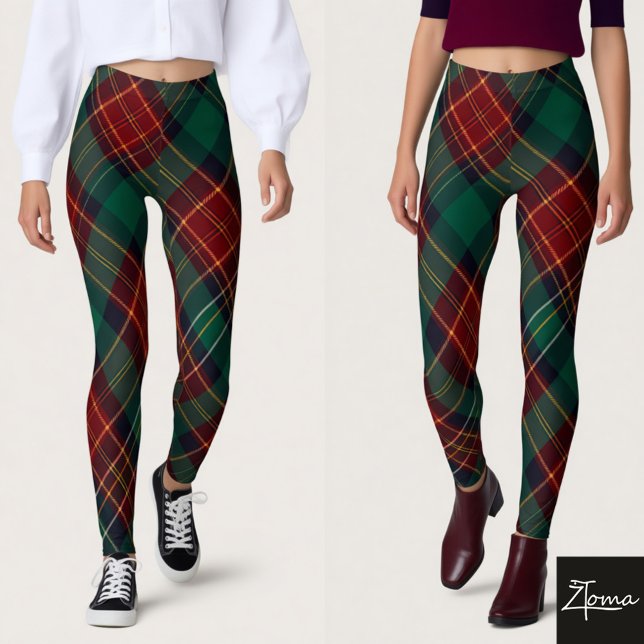 Legging Xadrez Escocês Diagonal Verde Vermelho Tradicional (Criador carregado)