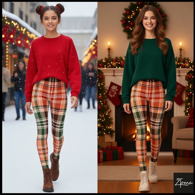 Legging Xadrez Escocês Laranja Verde Marrom Escuro Rústico (Criador carregado)