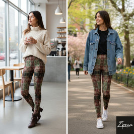 Legging Xadrez Escocês Tradicional Burgundy Verde Escuro