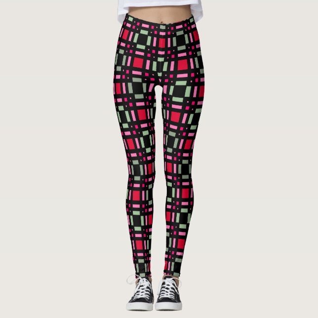 Legging Xadrez geométrica - faixas vermelhas vermelhas (Frente)