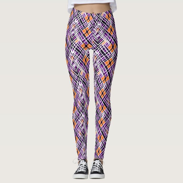 Legging Xadrez Geométrico de Halloween - Roxo, Laranja, Br (Frente)
