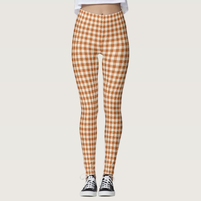 Legging Xadrez Laranja Queimado Outonal Padrão Xadrez de O (Frente)