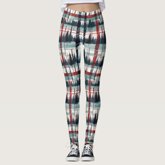 Legging Xadrez verde da Floresta de inverno (Frente)