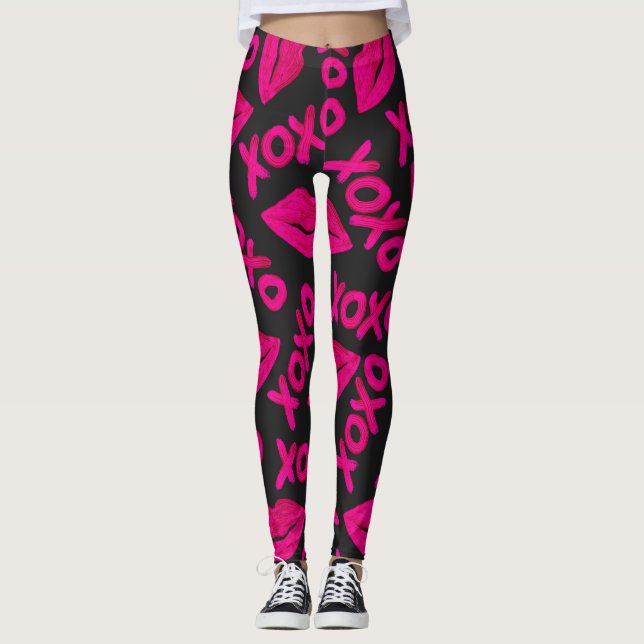 Legging XOXO Citando Lábios Pretos Neon-Rosa Pink Pêntrico (Frente)