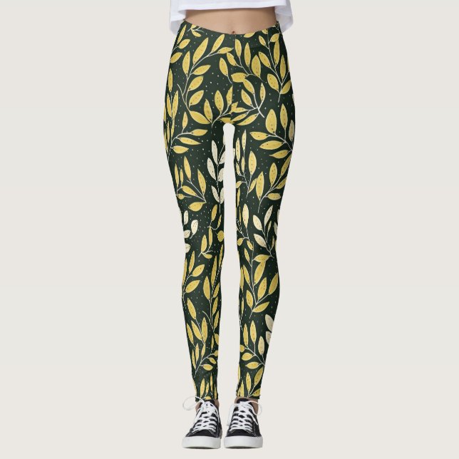 Legging Yellow and Cream Leafy Branches Pattern  (Frente)