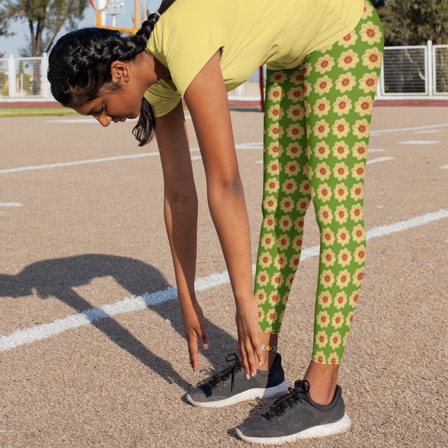 Legging Yellow Dahlia Floral Pattern on Green (In Situ)