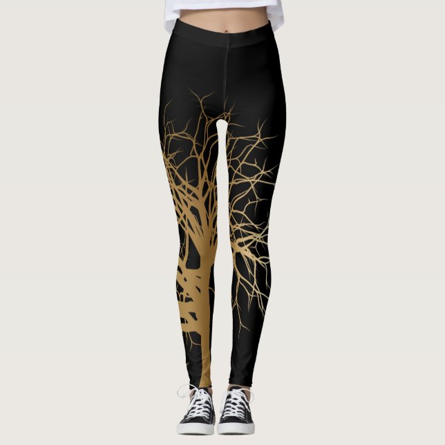 Legging Yoga na moda Black Dourado da Árvore da Vida (Frente)