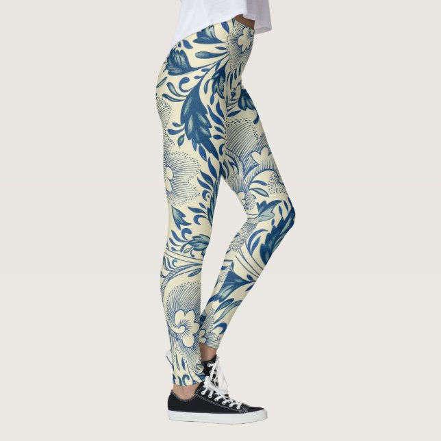 Legging Yoga - Padrão de Flor Oriental Azul e Branco (Direita)