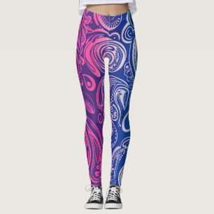 Legging Yoga - Padrão de Paisley Azul Púrpura Cor-de-rosa