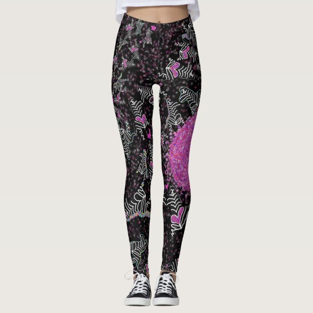 Legging Zebra de discoteca moderna preta branca e rosa (Frente)