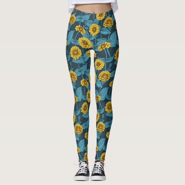 Legging Zinnias Amarelas em azul escuro (Frente)