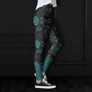 Legging Zodiac Magic   Rosas de crânio Gótico, verde-escur