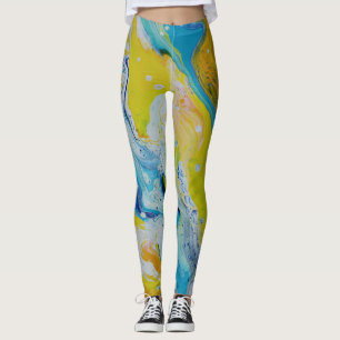 Leggings Abstratas Amarelas e Azuis Fluidas para D