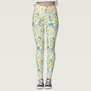 Leggings All-Over-Impressão do Flor Branco Frangip