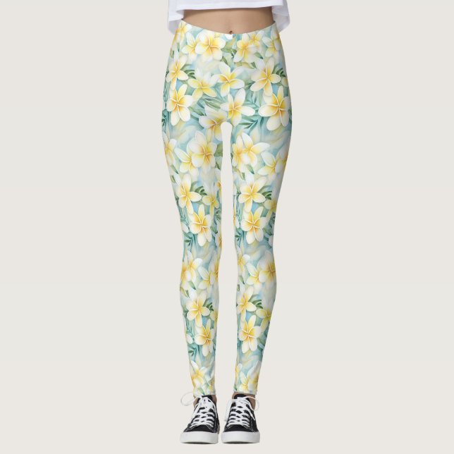 Leggings All-Over-Impressão do Flor Branco Frangip (Frente)