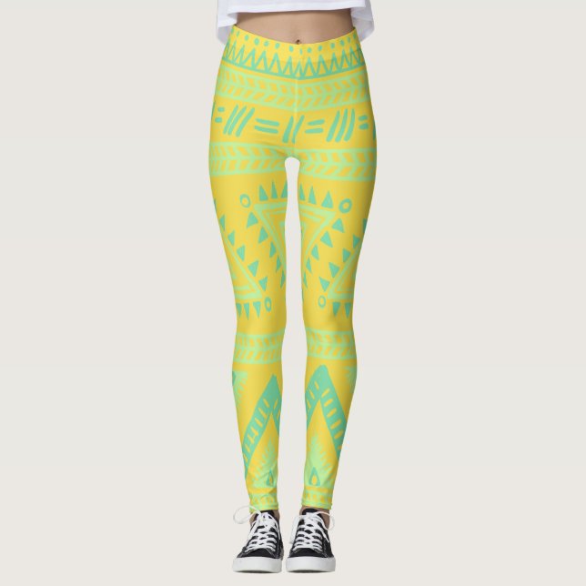 Leggings Amarelas com Padrão Tribal Aqua (Frente)