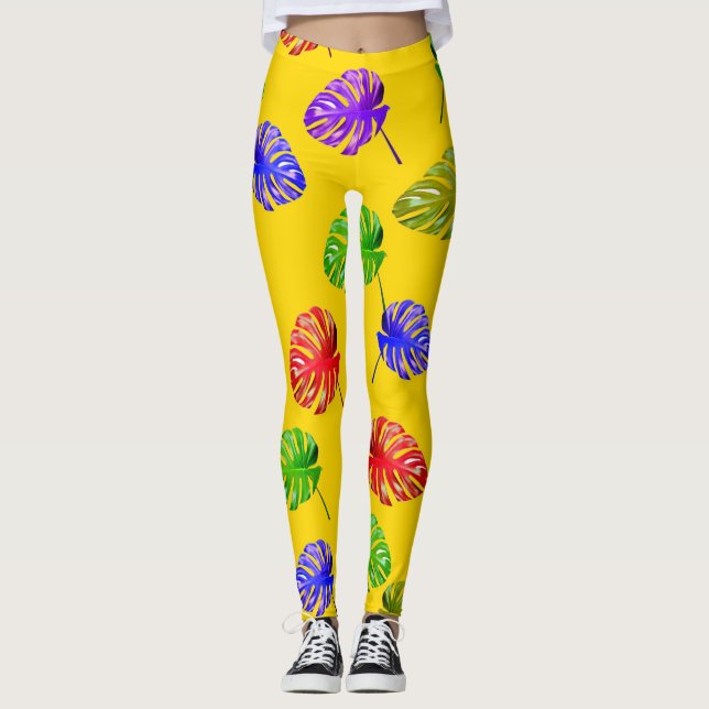 Leggings Amarelas de Folhas Tropicais (Frente)