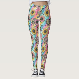 Leggings Arco-íris de Coração de Leopardo e Girass