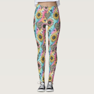 Leggings Arco-íris de Coração de Leopardo e Girass