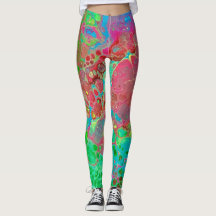 Leggings artísticas Abstrato verdes, cor-de-rosa,