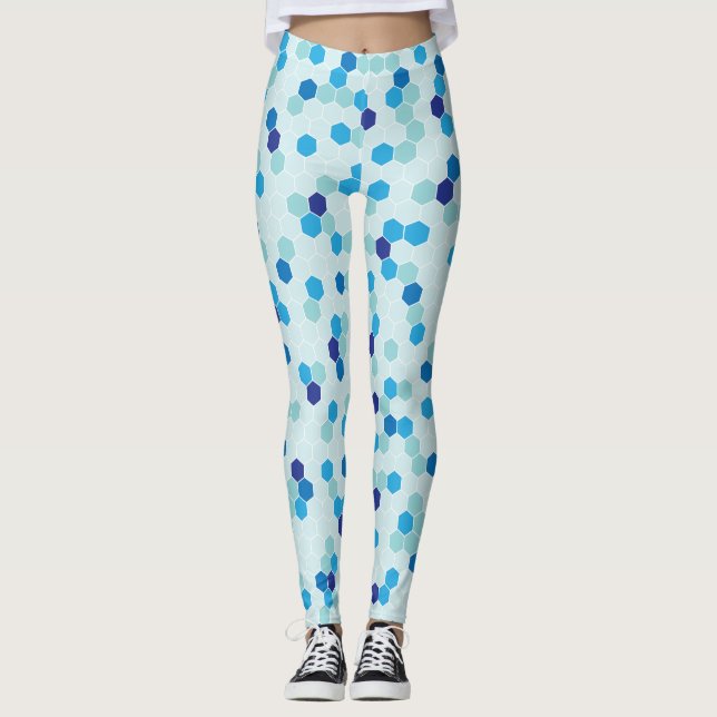 Leggings azuis do padrão do hexágono (Frente)