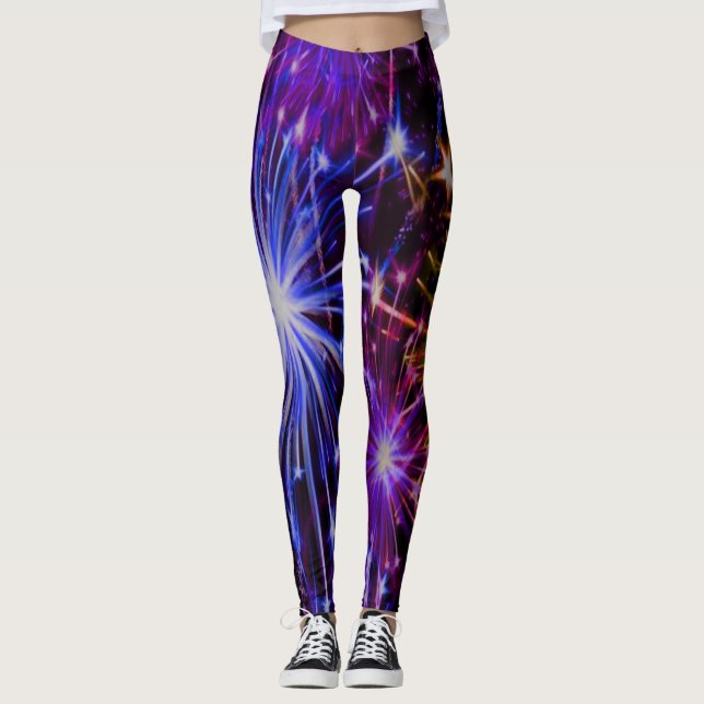 Leggings azuis e vermelhas do Fireworks e flashy (Frente)
