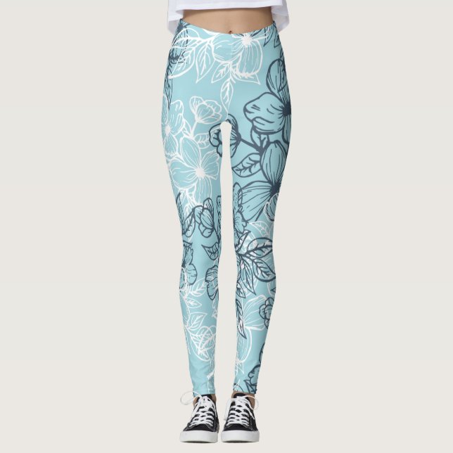 leggings azuis florais brancas e pretas (Frente)