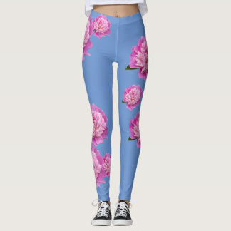 Leggings Azul Vinca com Desenho de Flor Rosa