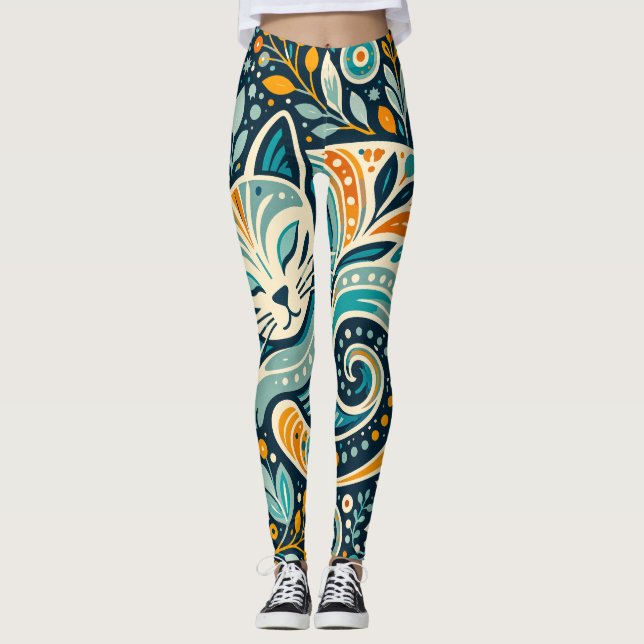 Leggings Boho de Arte Folclórica com Gato e Padrão (Frente)