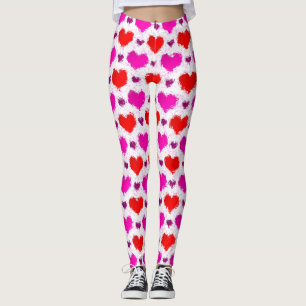 Leggings Bonito de Corações Pintados a Rosa e Verm