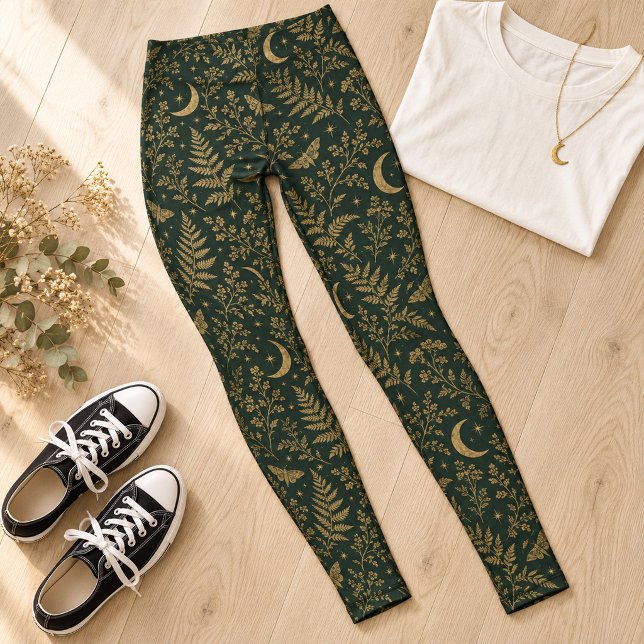 Leggings Botânicos Lua Verde Floresta (Forest Green Moon Moth Botanical Leggings)