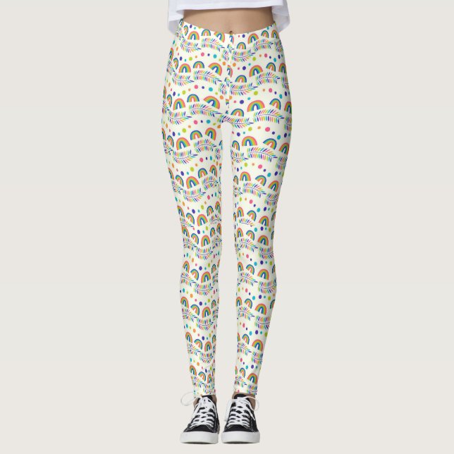 Leggings brancas com arco-íris colorido e geométri (Frente)