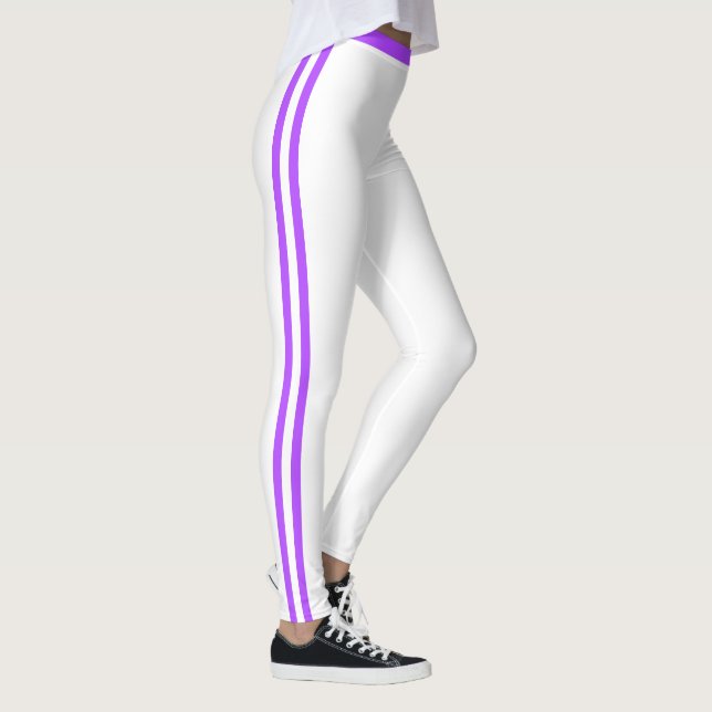 Leggings Brancas com Listras Roxas Laterais Esport (Direita)