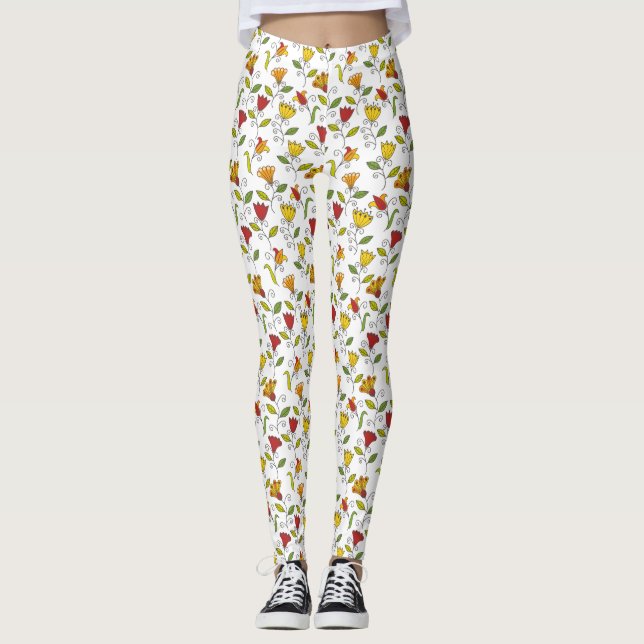 Leggings brancas com um padrão floral colorido (Frente)