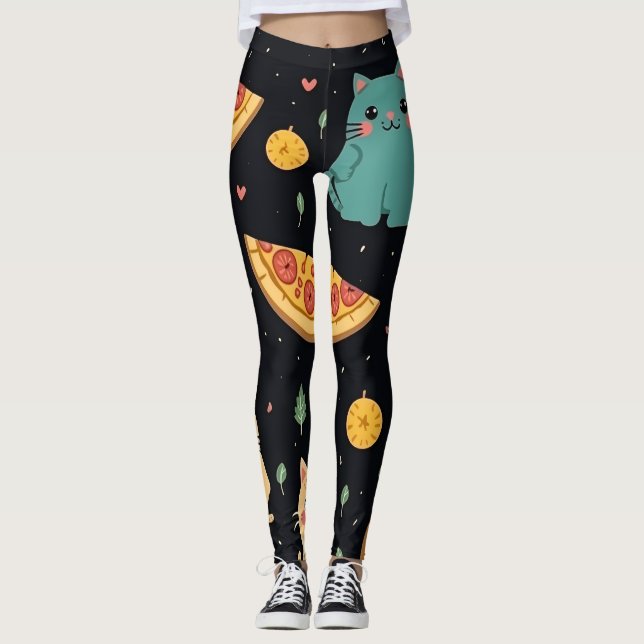 Leggings Cat e Pizza Impressão (Frente)