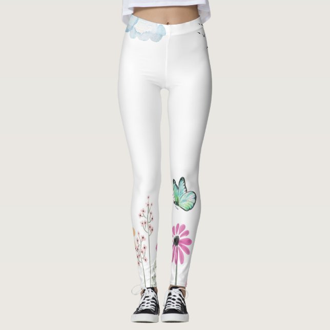 Leggings celebra a natureza, flores e yoga. (Frente)
