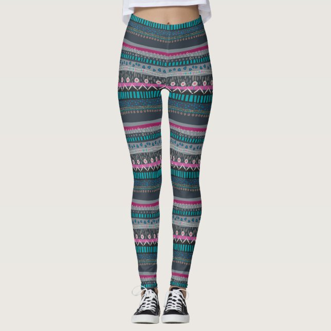 Leggings cinza azuis de Impressão Floral Tribal (Frente)