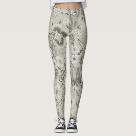 Leggings Cinza com Arte de Padrão Floral Vintage