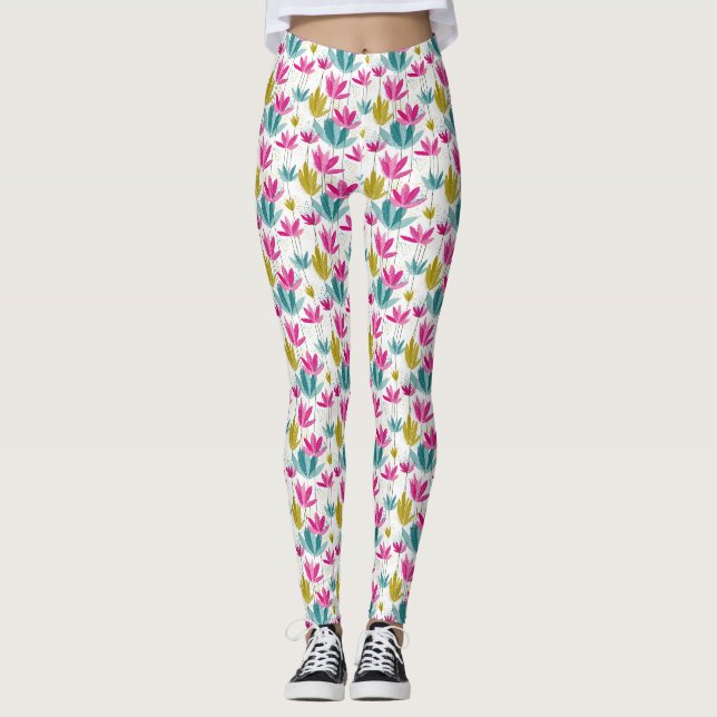 Leggings Coloridas com Impressão de Folhas Pintada (Frente)