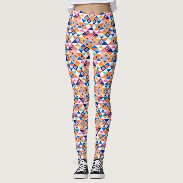 Leggings coloridas com padrão geométrico e  (Frente)