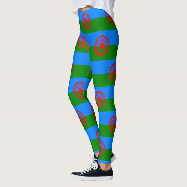 Leggings com bandeira de roda de vagão cigano e ro (Esquerda)