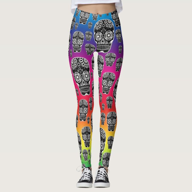 Leggings com caveiras de açúcar arco-íris (Frente)