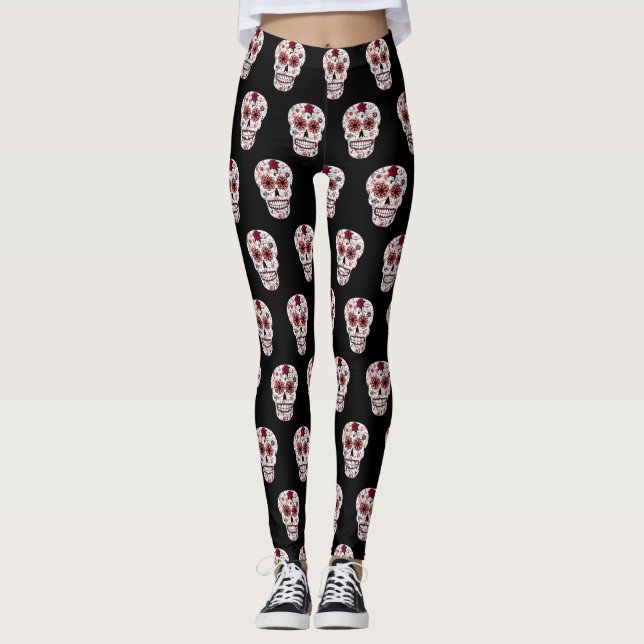 Leggings com caveiras De Açúcar Preto E Vermelho (Frente)
