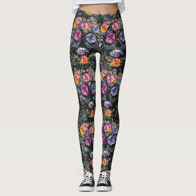Leggings com caveiras de Flor Pretas - Modas do Cr (Frente)